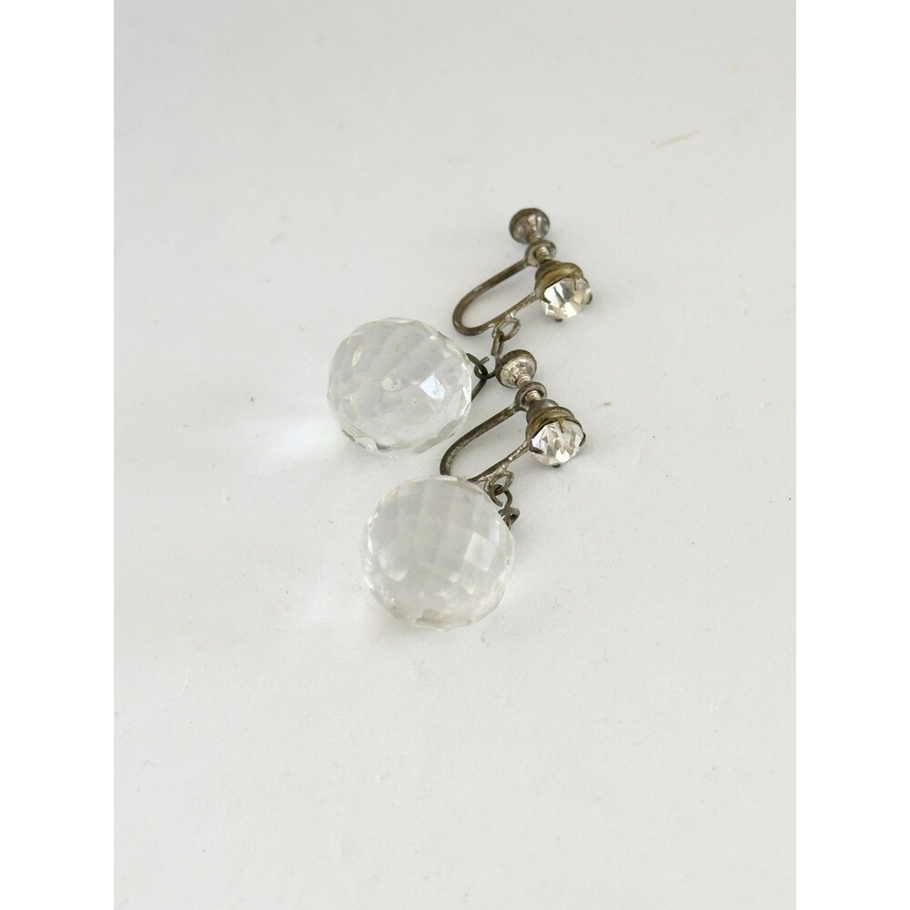Vintage Art Deco Clear Faceted Crystal Orb Screw Back Dangle Earrings - Picture 4 of 4
